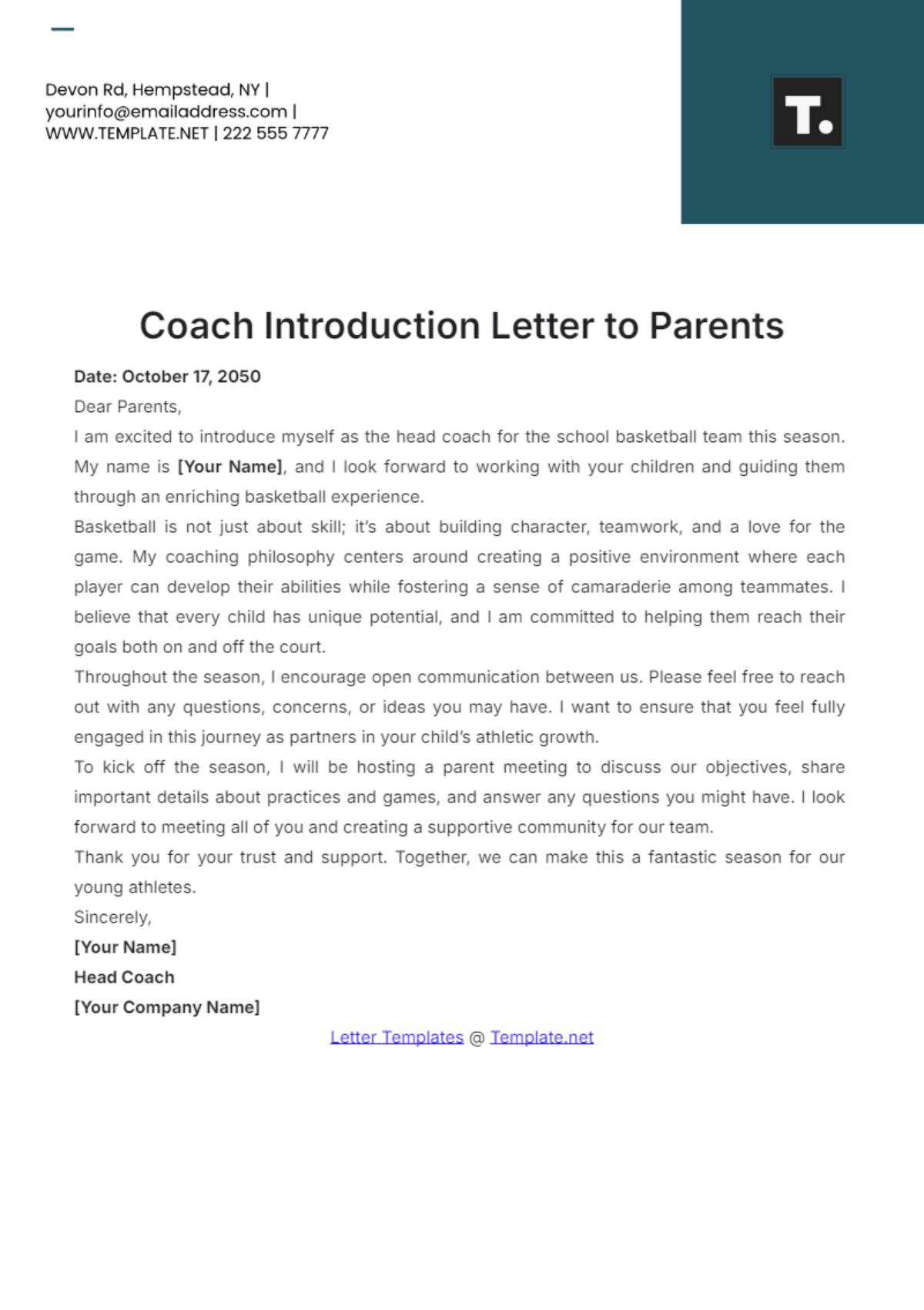 Coach Introduction Letter To Parents Template - Edit Online & Download