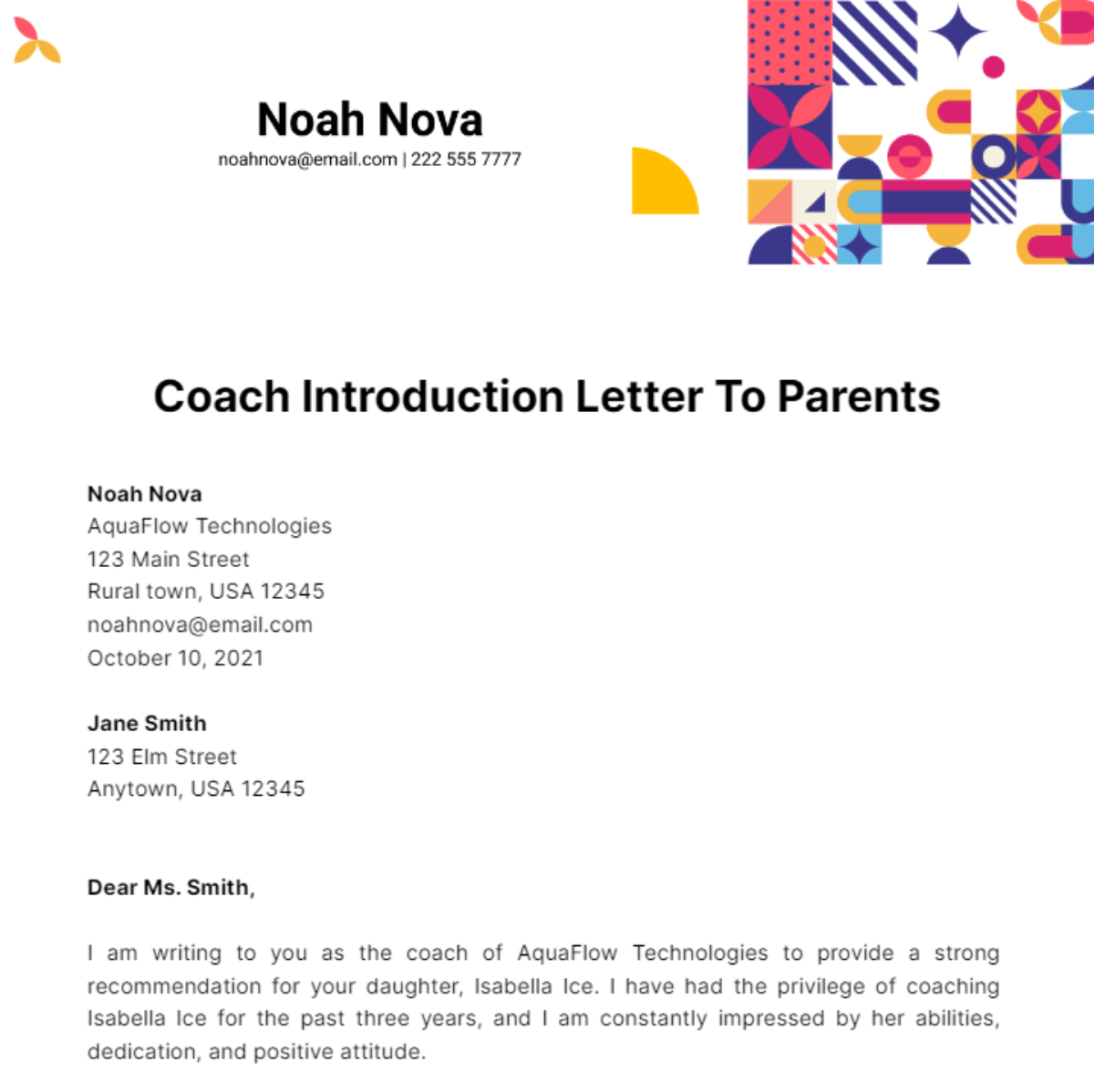 Free Coach Introduction Letter To Parents Template