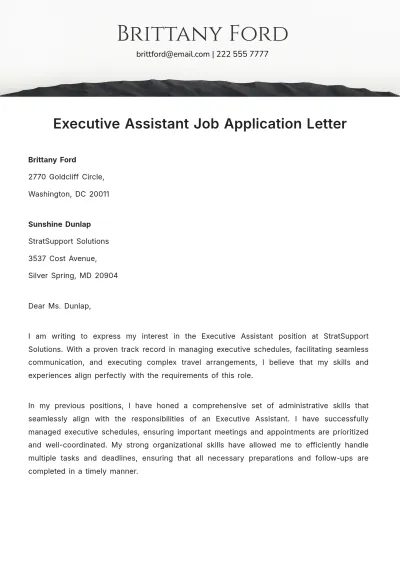 Free Executive Assistant Job Application Letter  Template to Edit Online