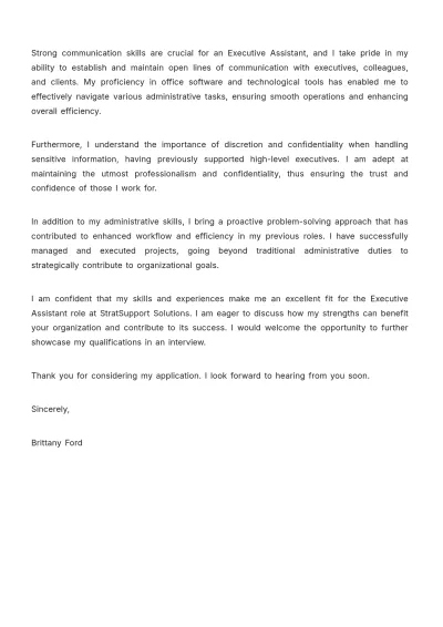 Free Executive Assistant Job Application Letter  Template to Edit Online