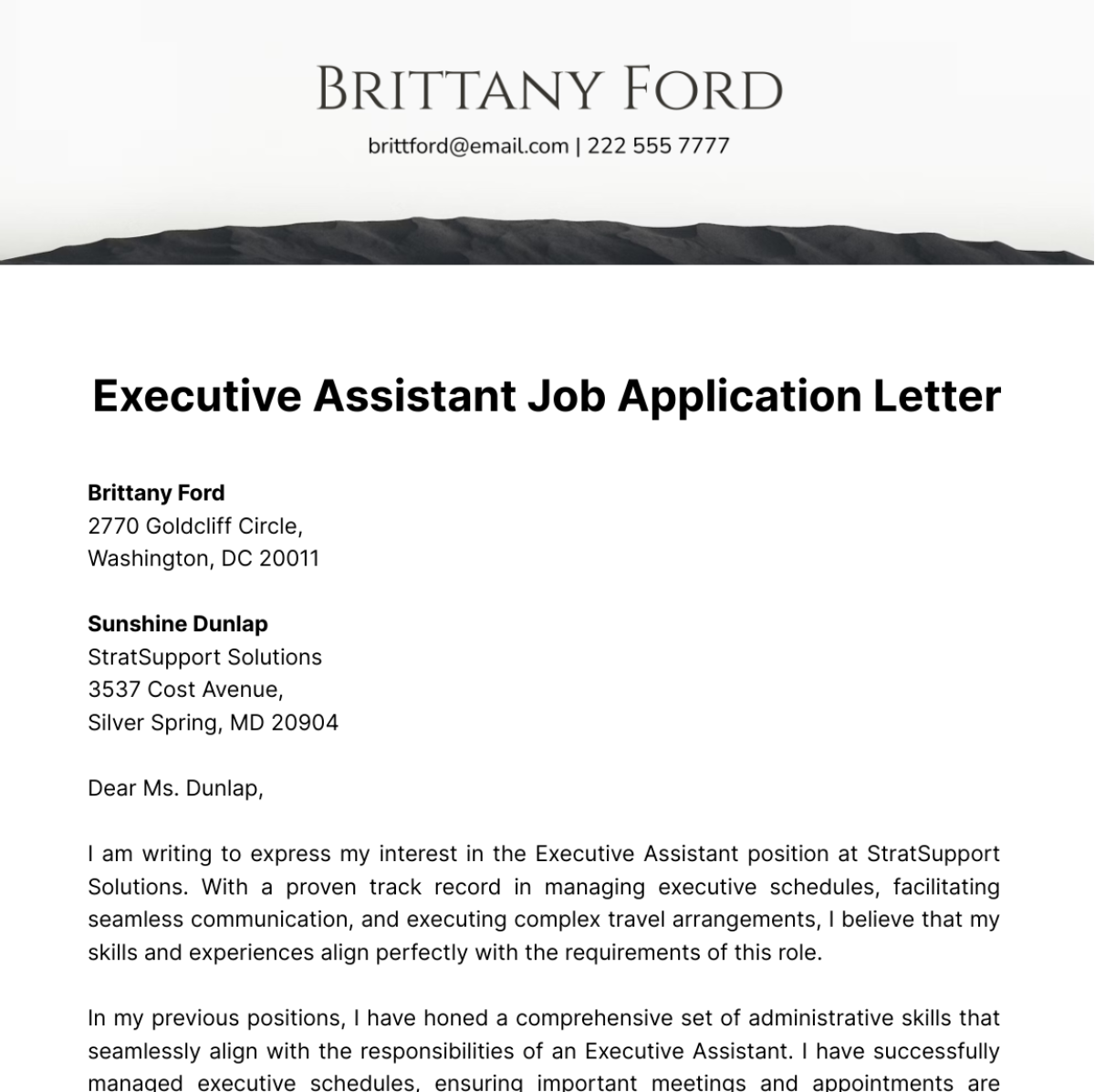 Executive Assistant Job Application Letter  Template