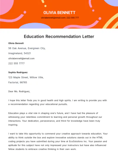 Free Education Recommendation Letter Template to Edit Online