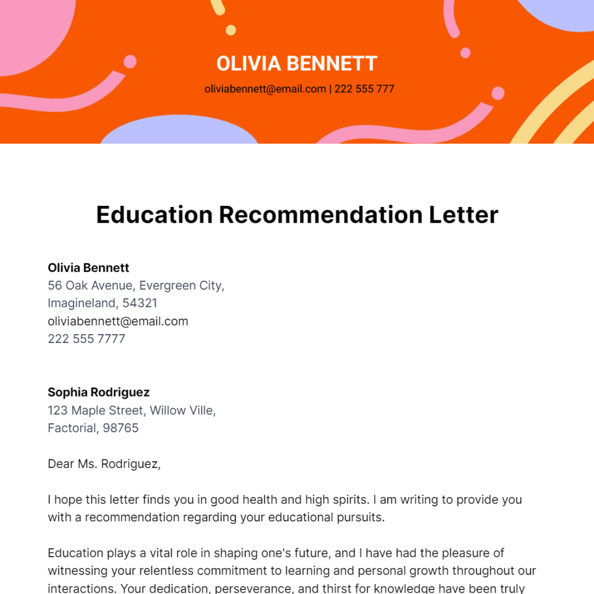 Free Education Recommendation Letter Template