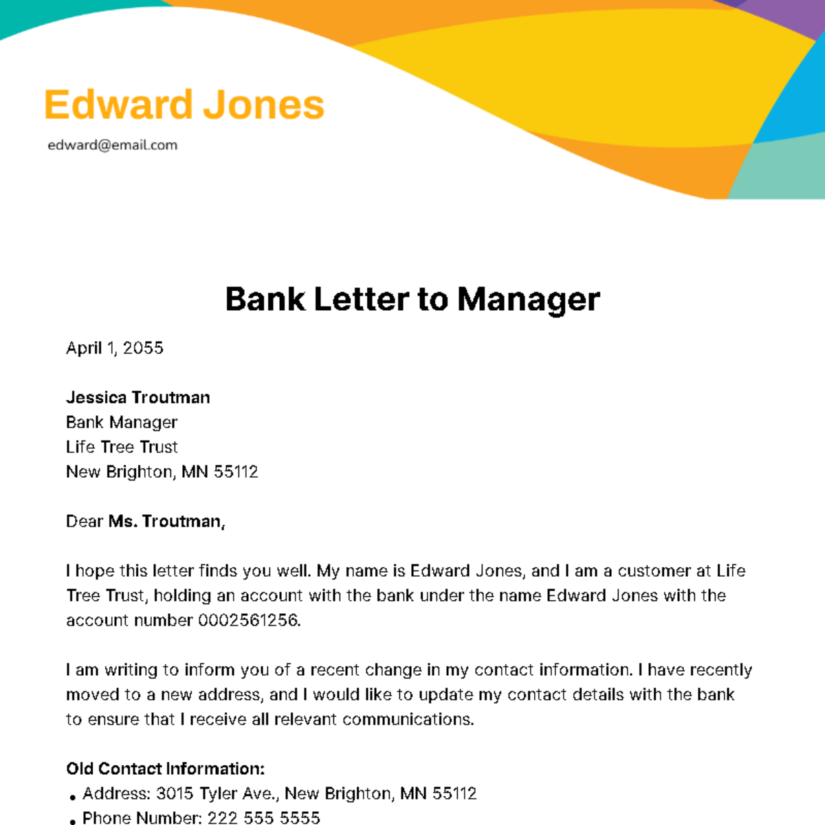 Free Bank Letter to Manager Template