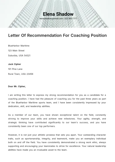 Free Letter Of Recommendation For Coaching Position Template to Edit Online