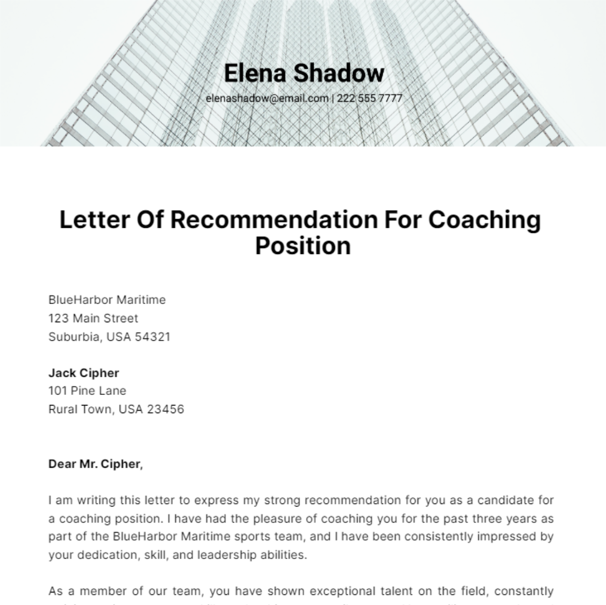 Letter Of Recommendation For Coaching Position Template