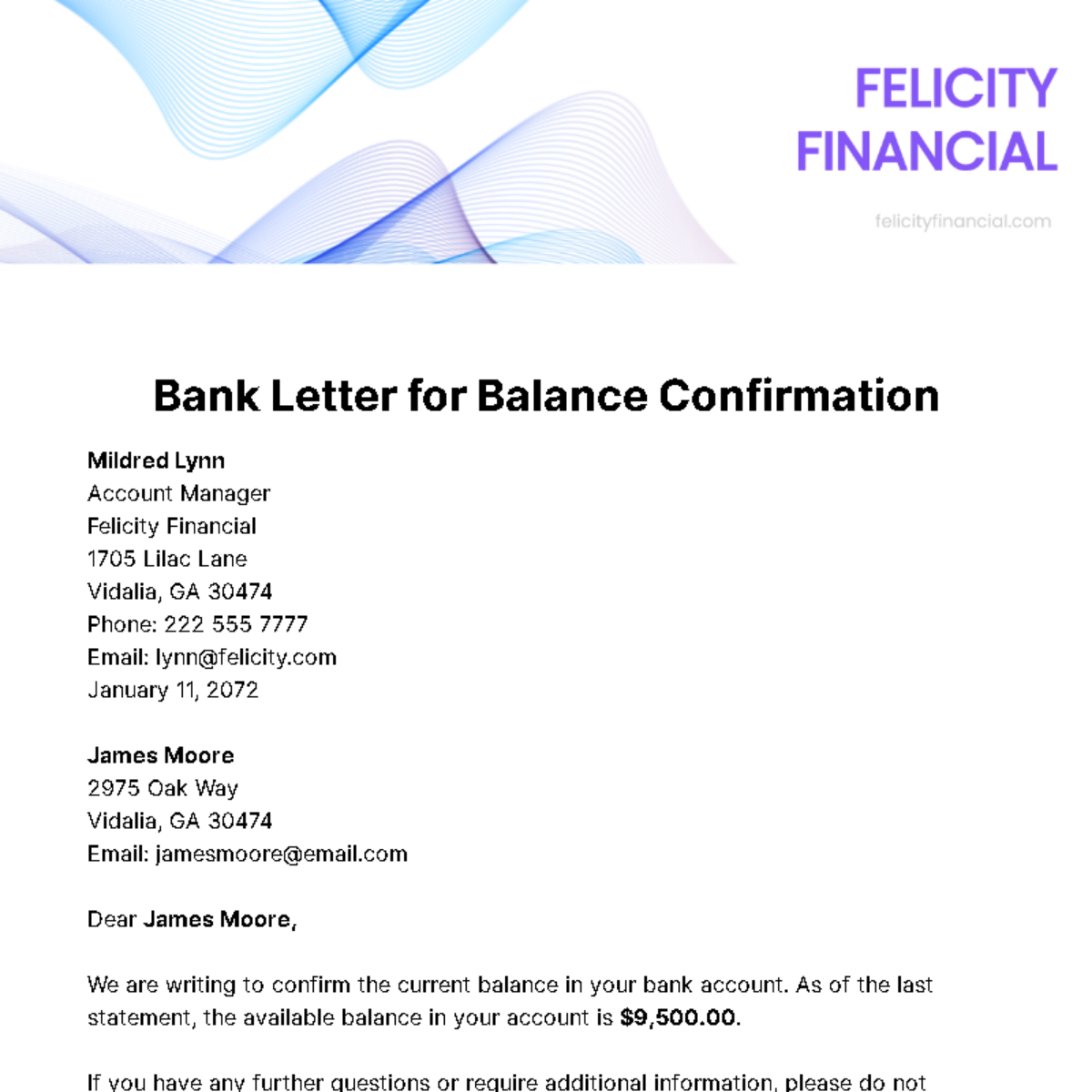 Bank Letter for Balance Confirmation Template