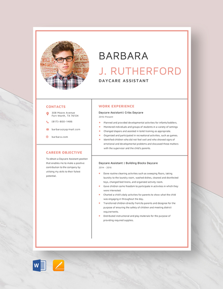 Free Day Care Assistant Resume Template - Word, Apple Pages