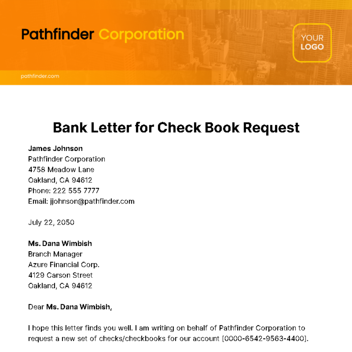 Bank Letter for Check Book Request Template