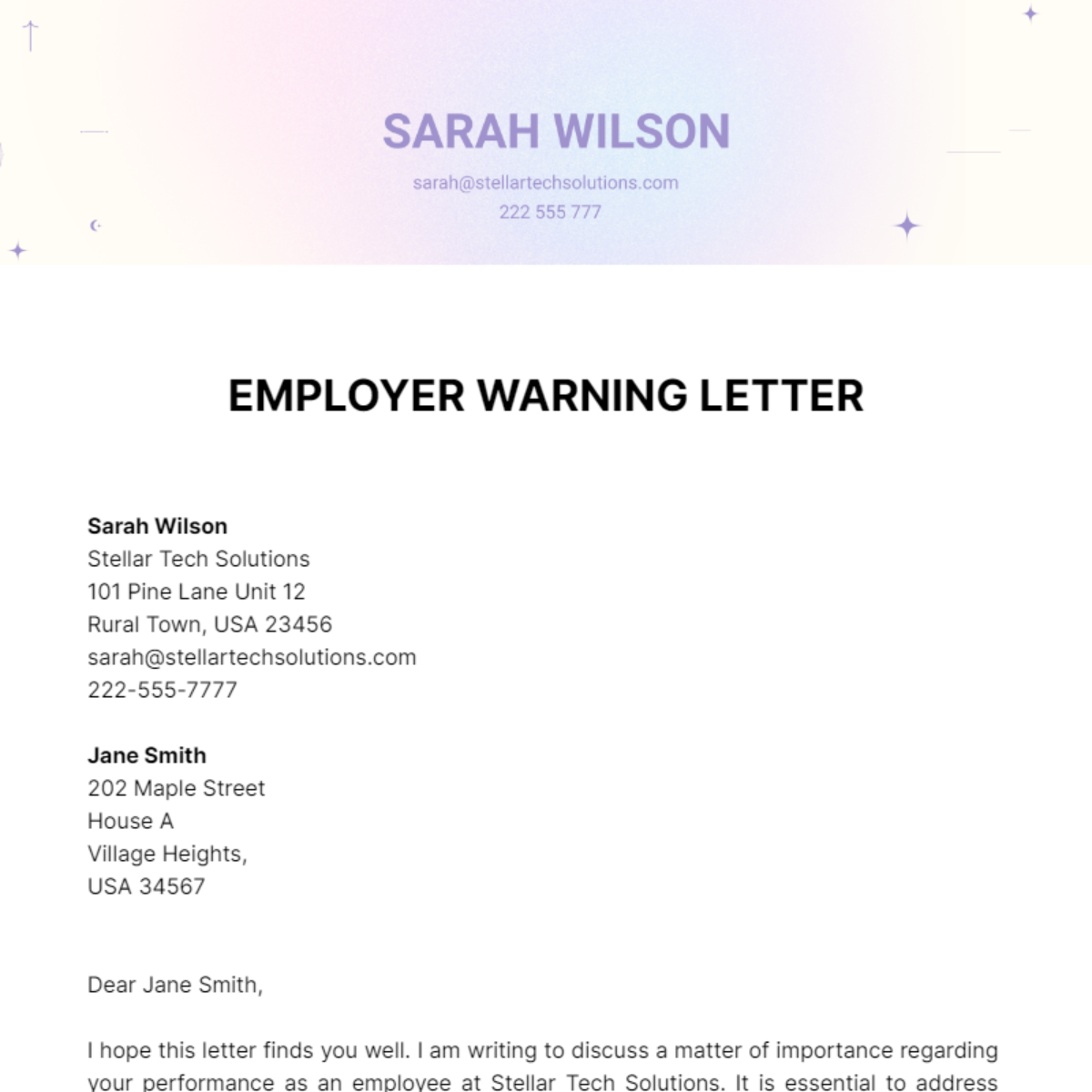 Employer Warning Letter Template