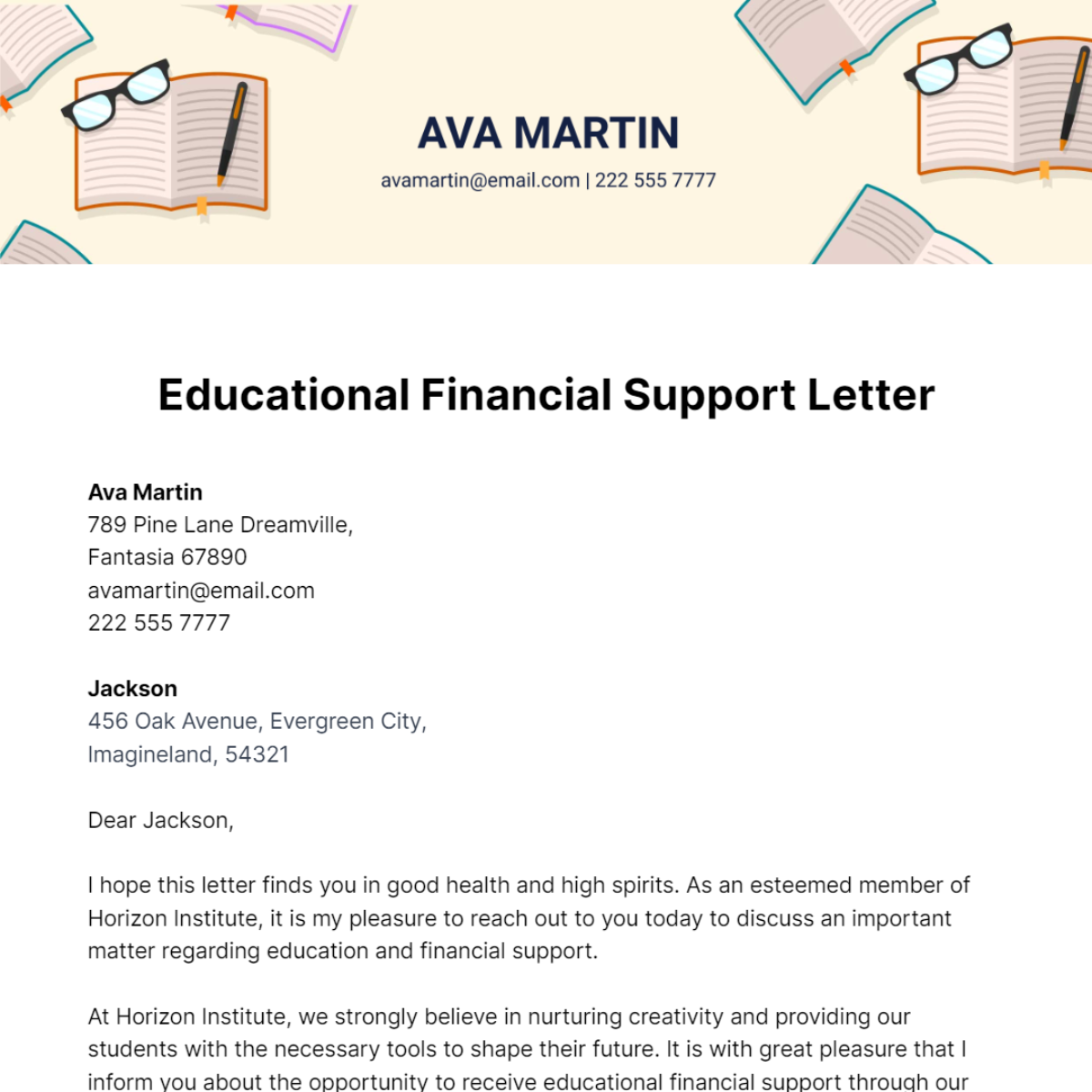 Educational Financial Support Letter Template