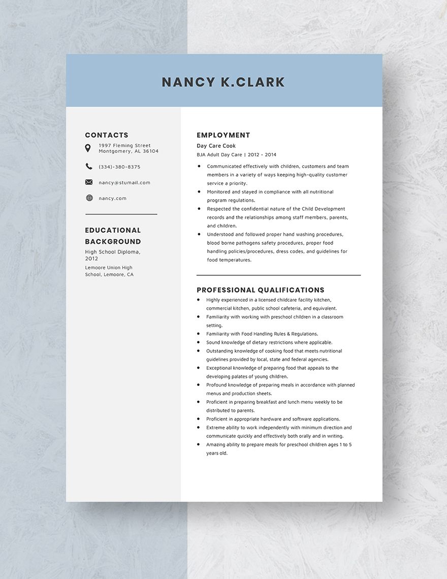 Day Care Cook Resume