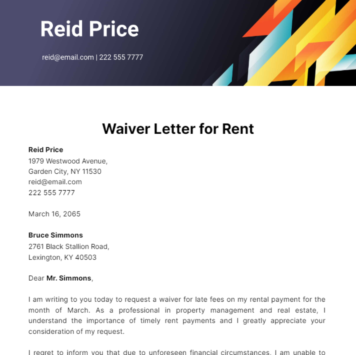 Waiver Letter for Rent Template