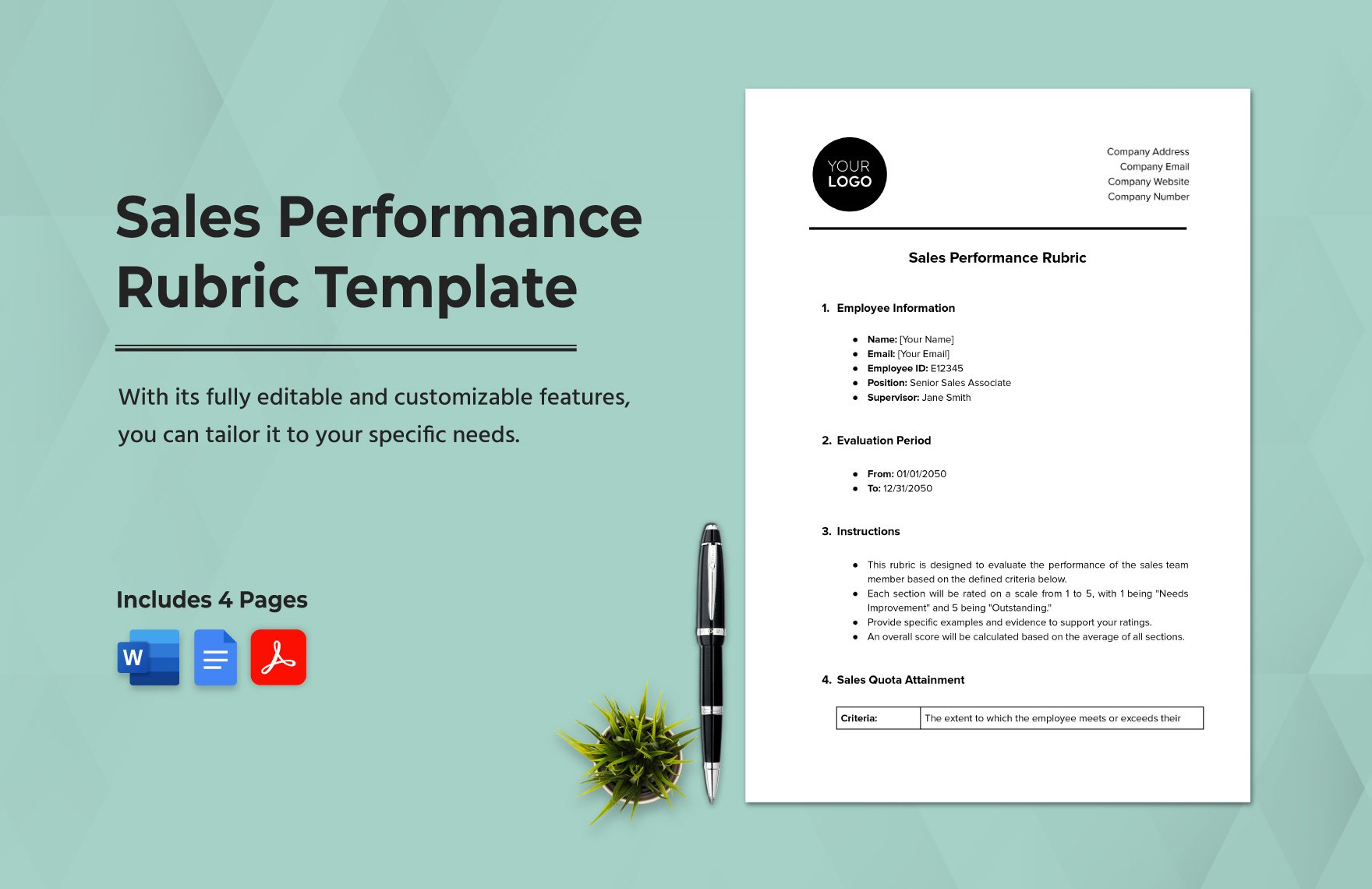 Sales Performance Rubric Template in Word, Google Docs, PDF