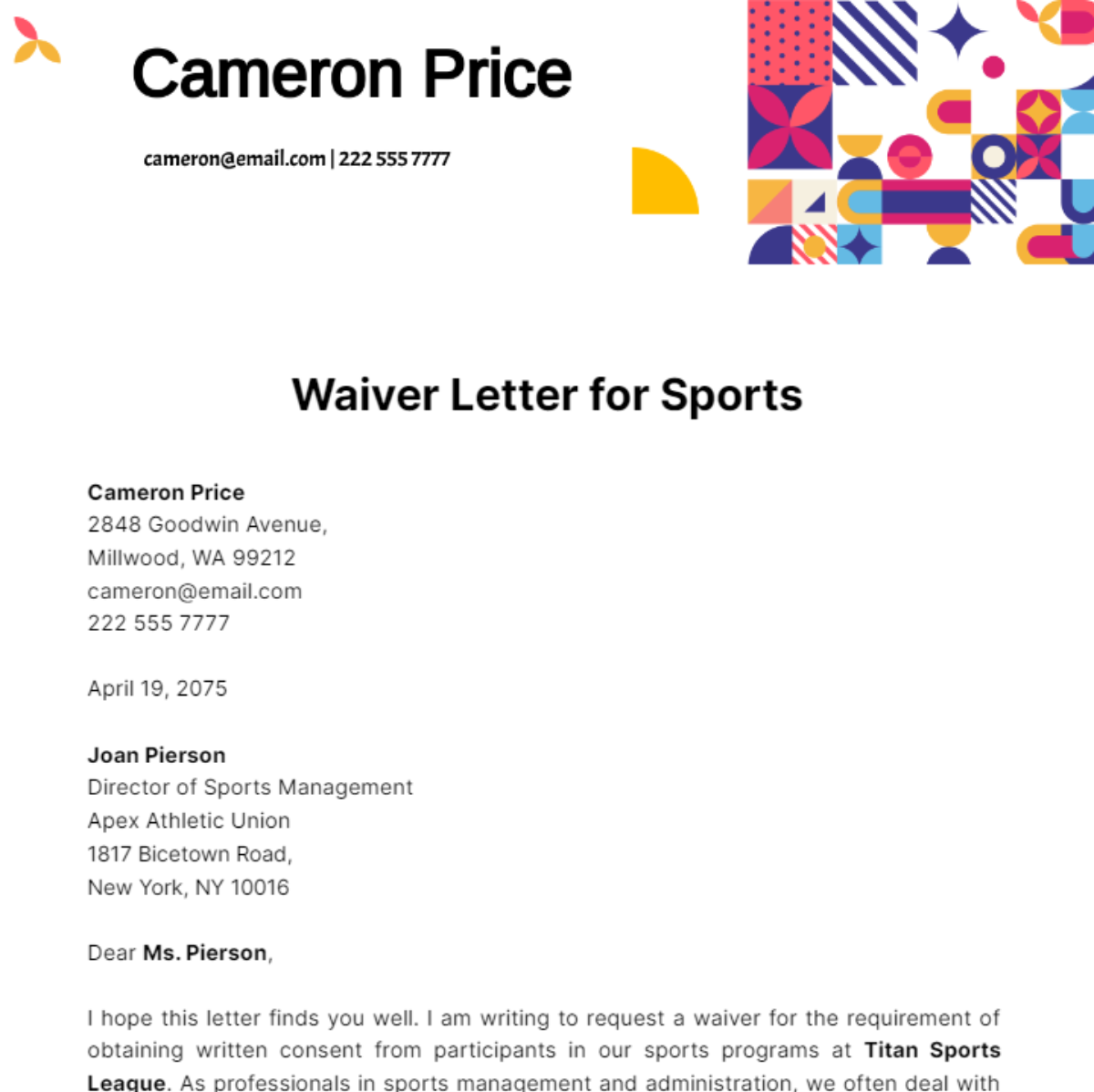 Free Waiver Letter for Sports Template