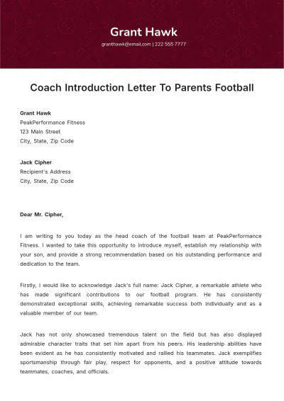 Free Coach Introduction Letter To Parents Football Template to Edit Online