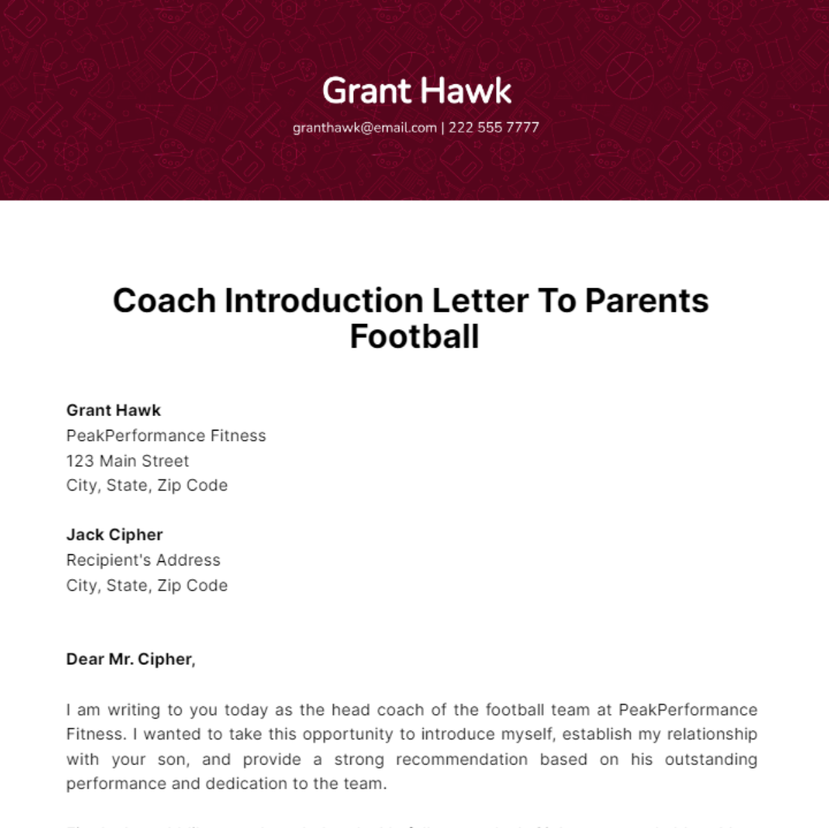 Coach Introduction Letter To Parents Football Template