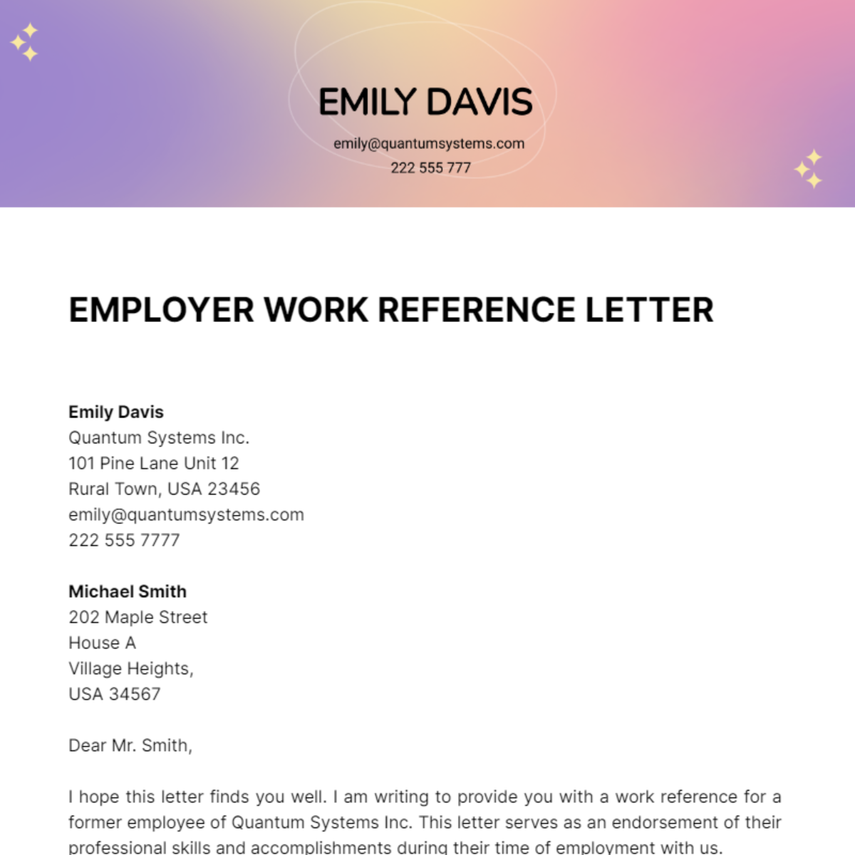 Employer Work Reference Letter Template
