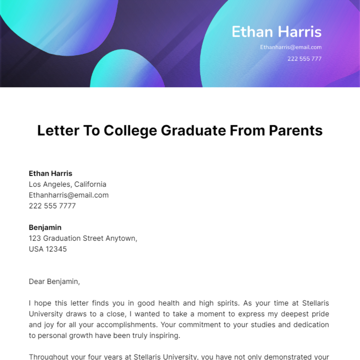 Letter To College Graduate From Parents Template