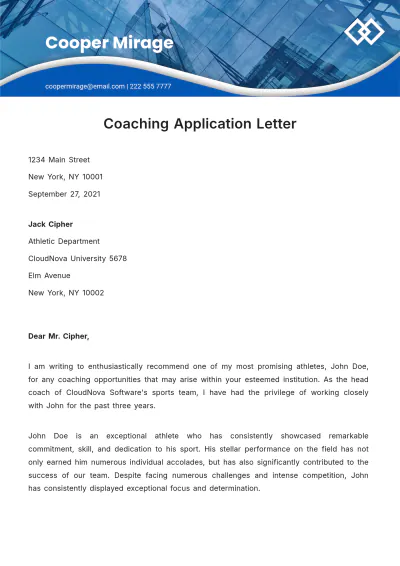 Free Coaching Application Letter Template to Edit Online