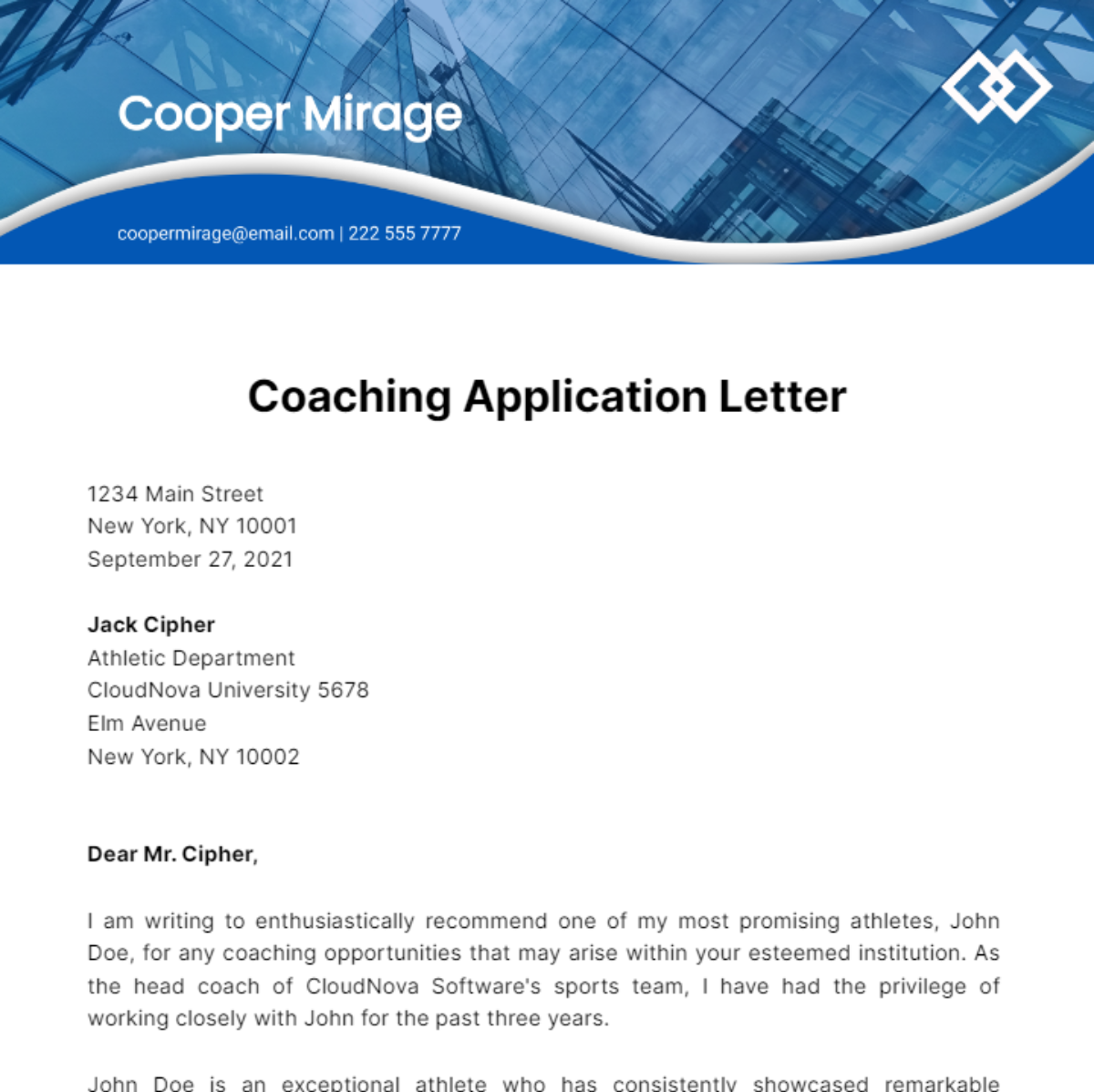 Coaching Application Letter Template