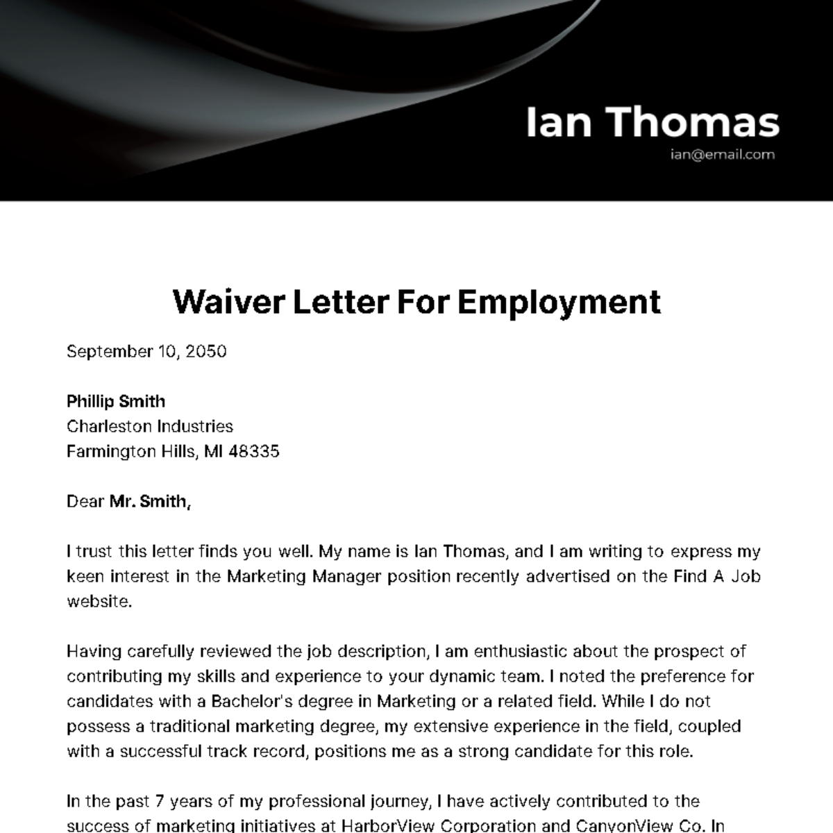 Free Waiver Letter for Employment Template