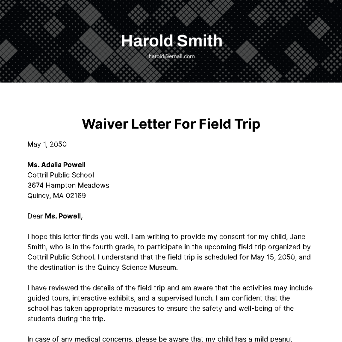 Waiver Letter for Field Trip Template