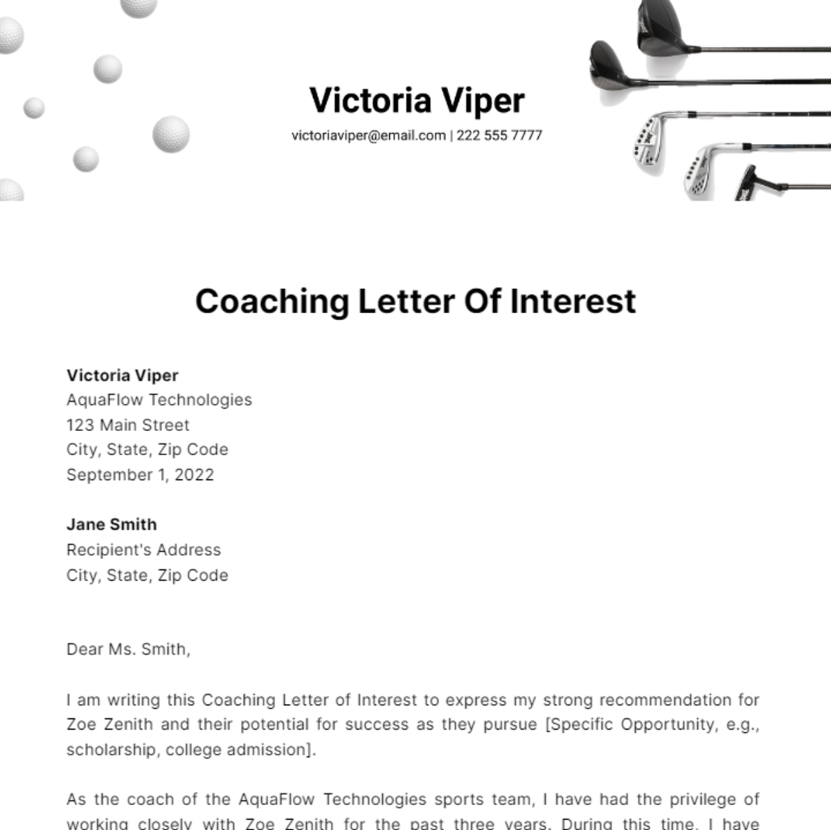 Coaching Letter Of Interest Template