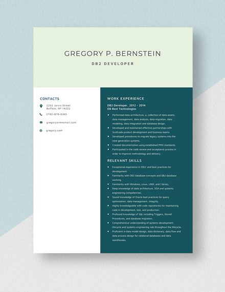 DB2 Developer Resume/CV Template - Word (DOC) | Apple (MAC) Pages