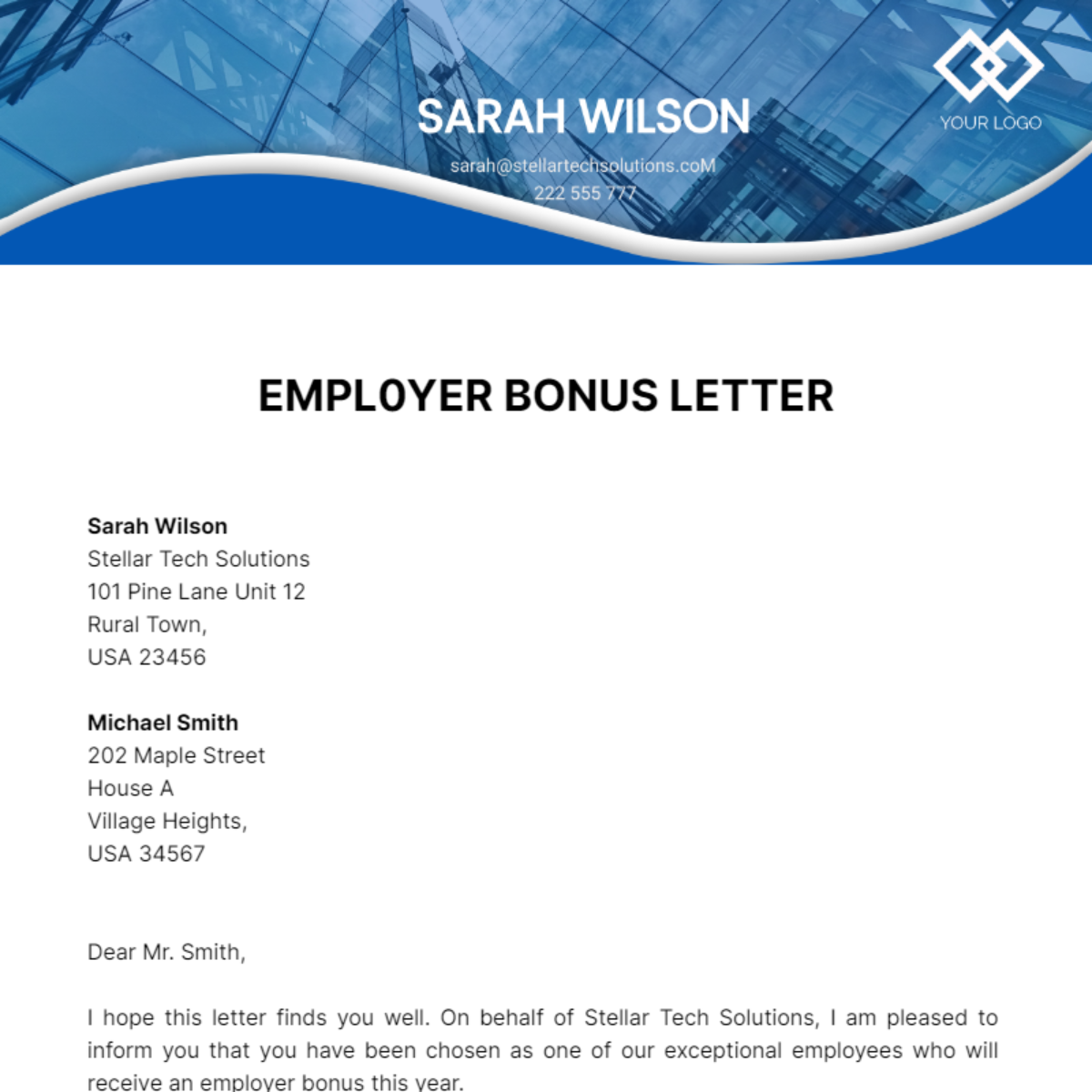 Employer Bonus Letter Template