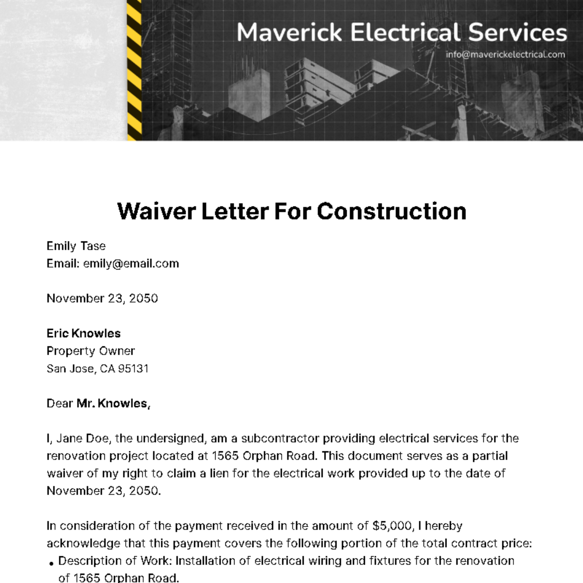 Free Waiver Letter for Construction Template