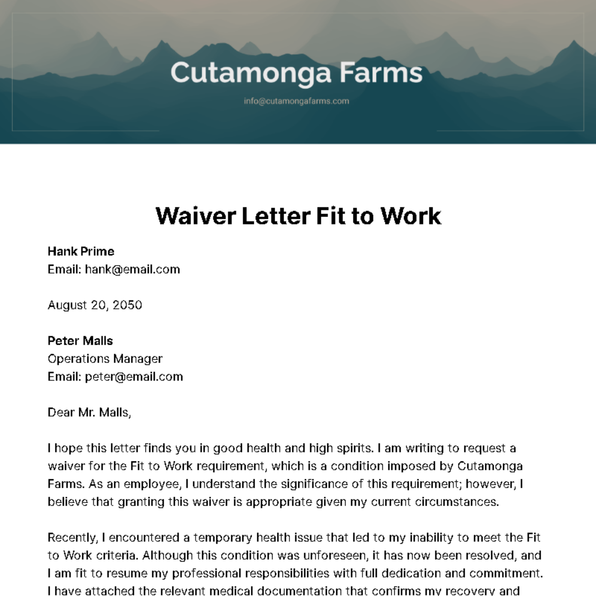 Waiver Letter for Fit to Work Template