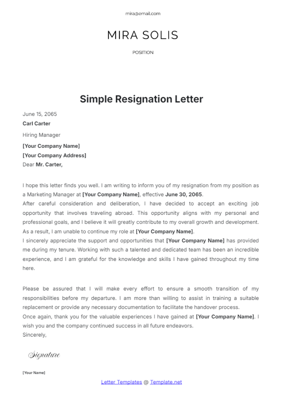 Simple Resignation Letter Template - Edit Online & Download