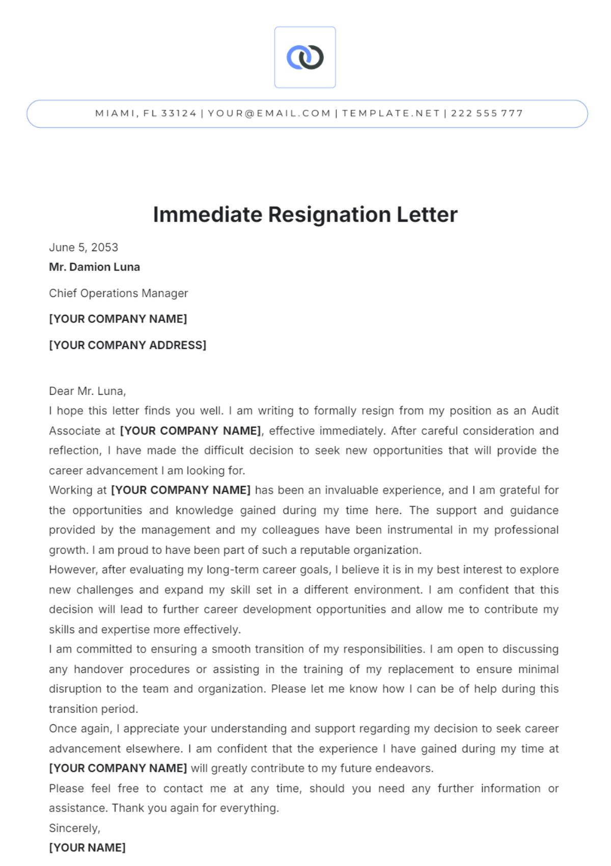 Sample Immediate Resignation Letter Template