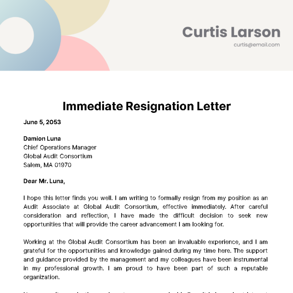 Immediate Resignation Letter Template