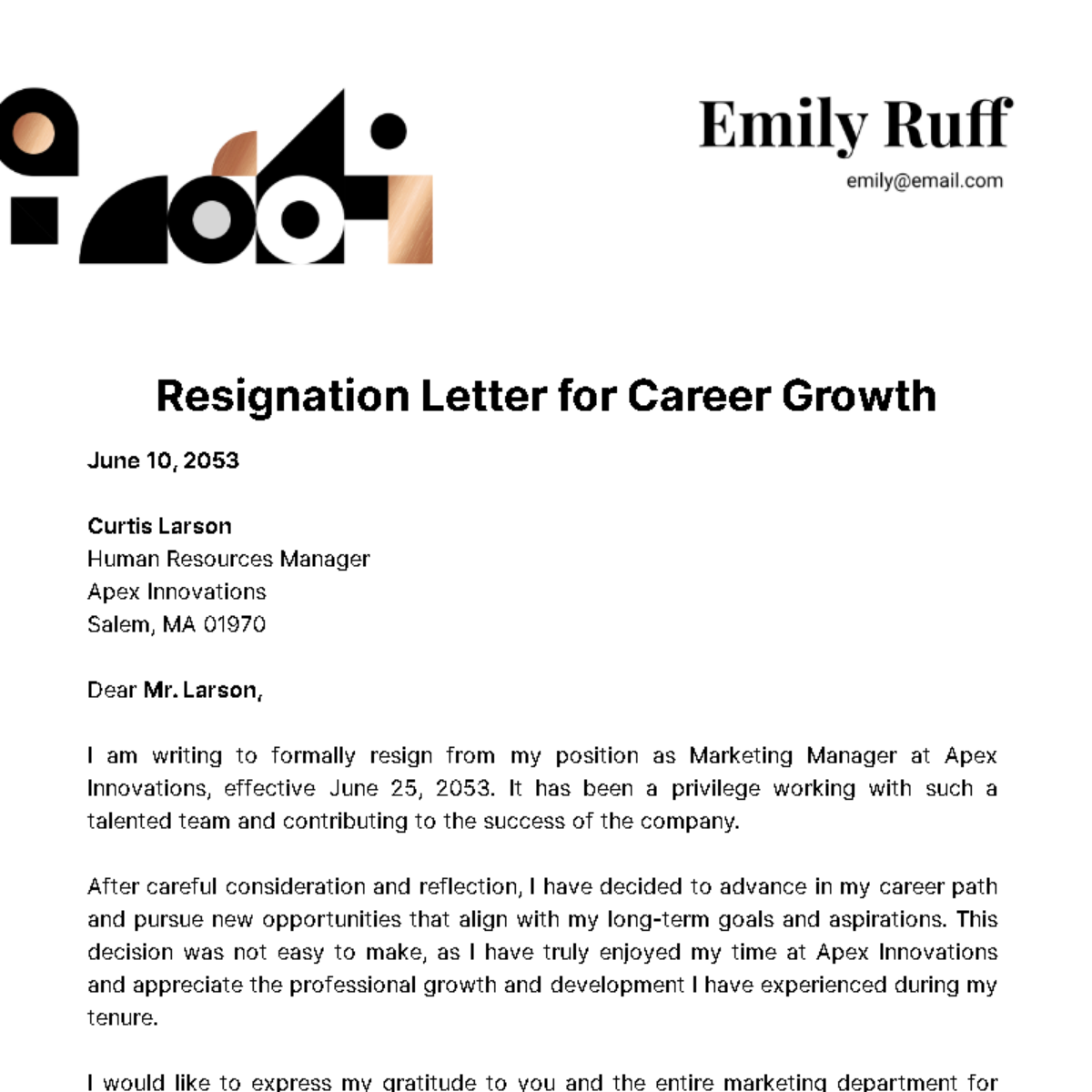 Resignation Letter for Career Growth Template