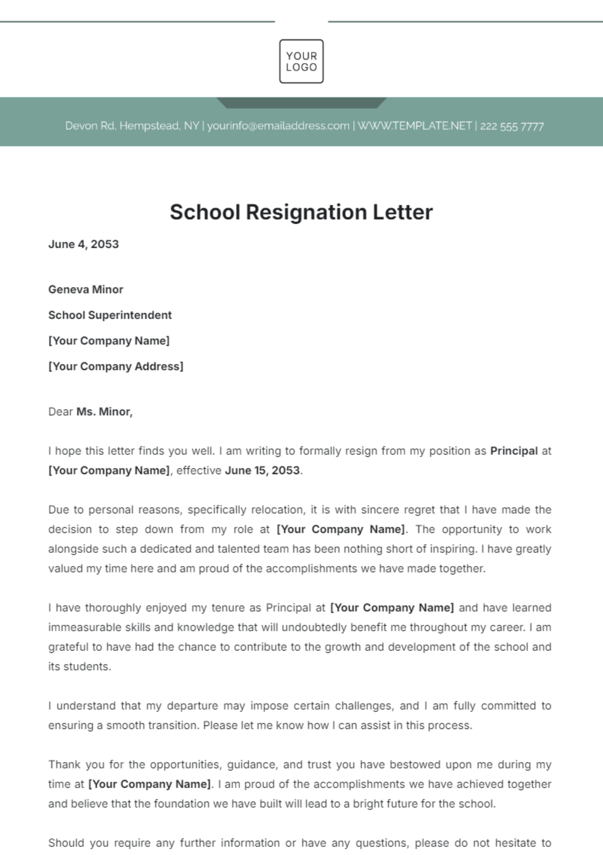 School Resignation Letter Template - Edit Online & Download