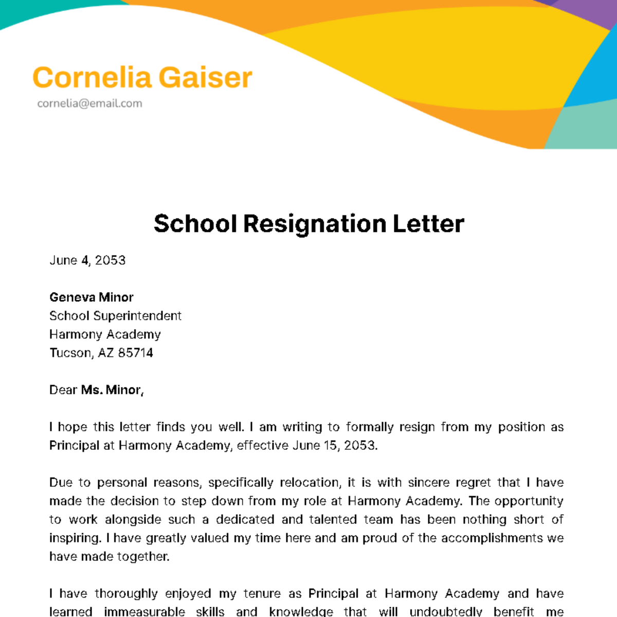 School Resignation Letter Template