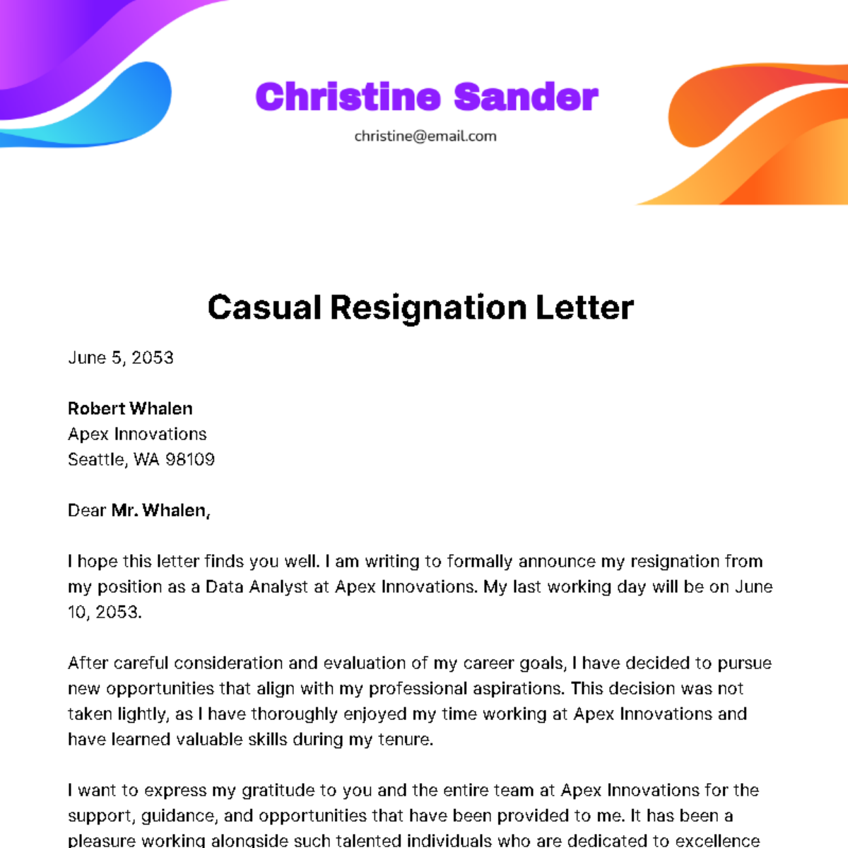 Casual Resignation Letter Template