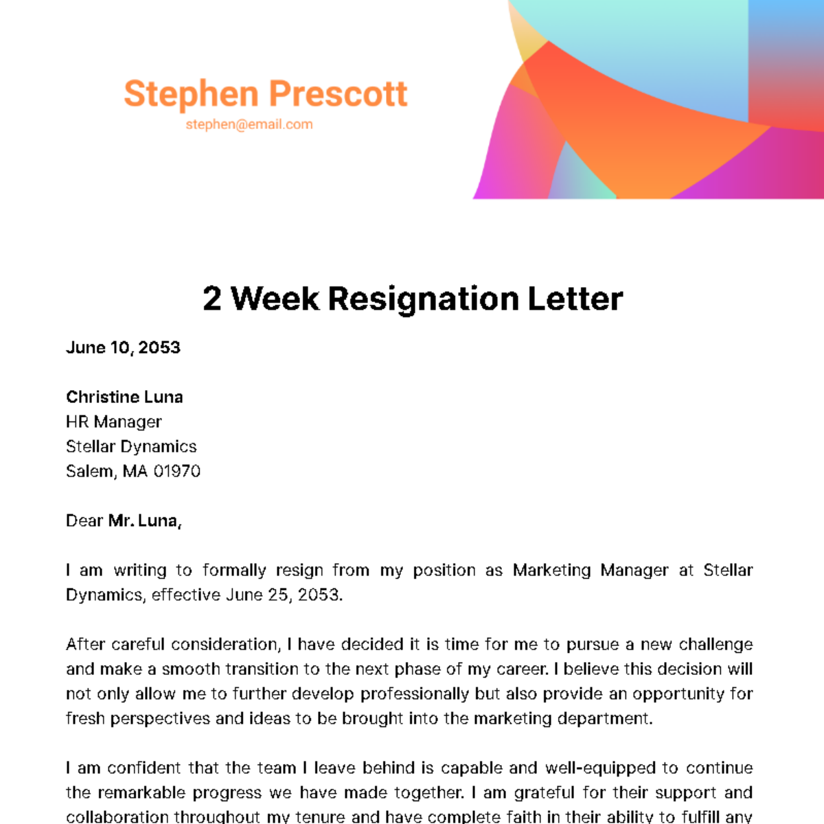 2 Week Resignation Letter Template