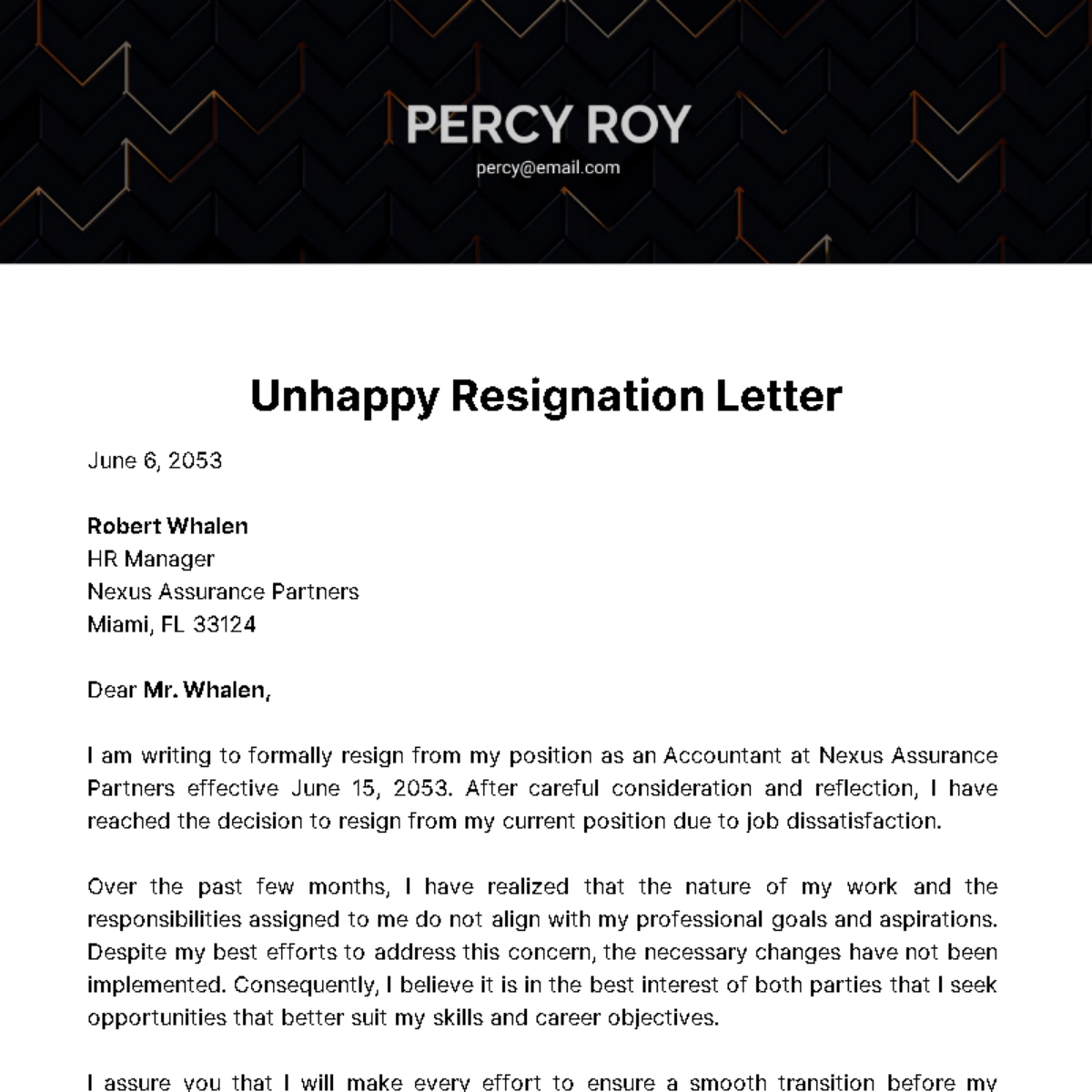 Unhappy Resignation Letter Template