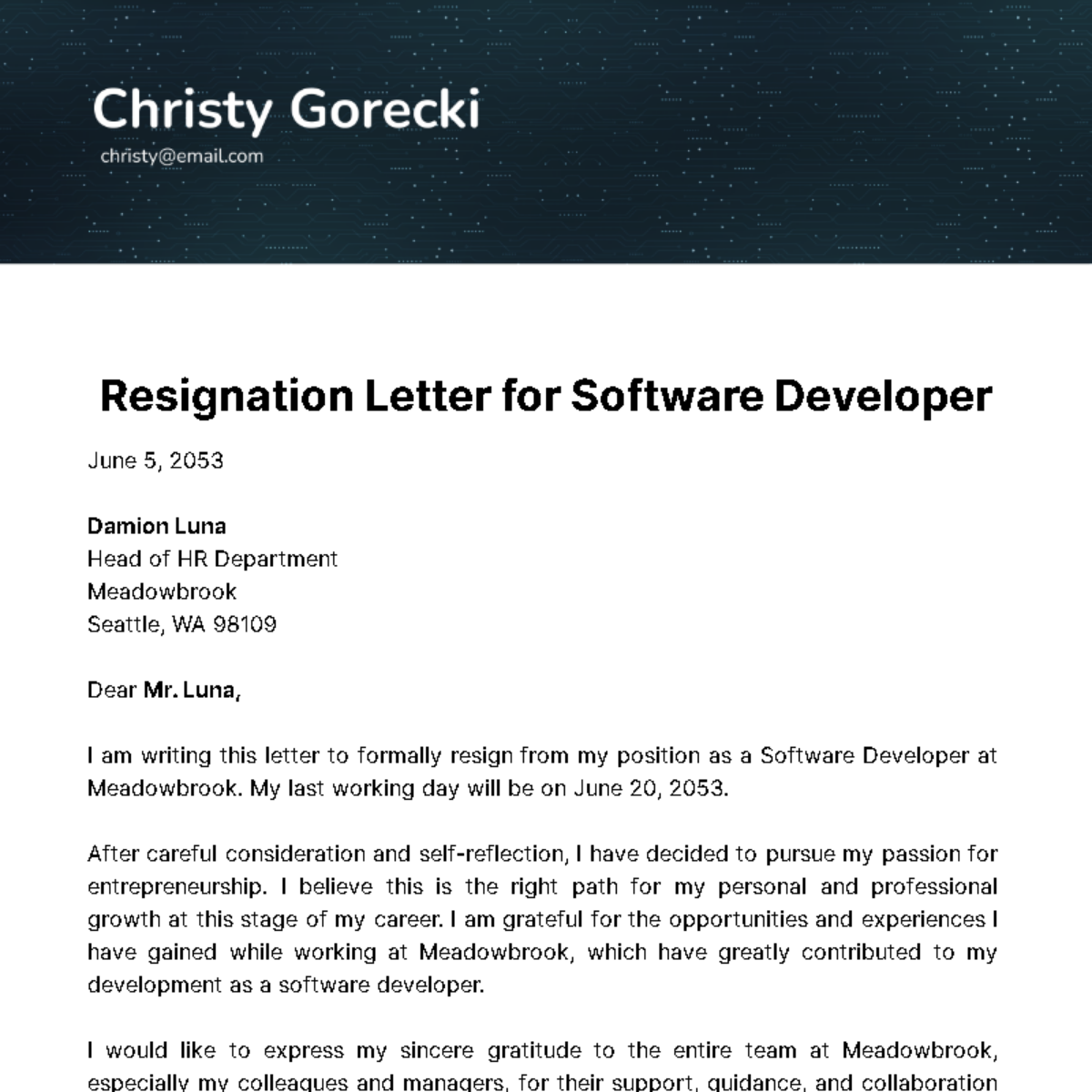Resignation Letter for Software Developer Template