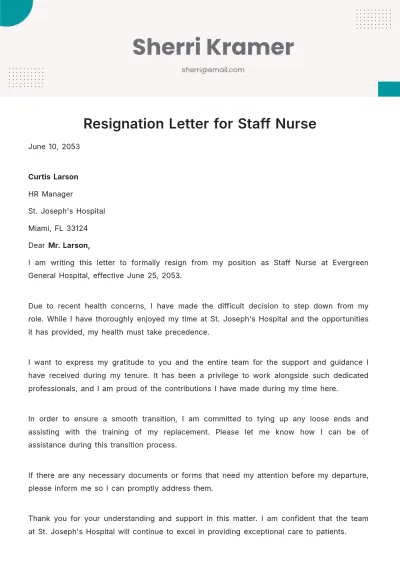 Free Resignation Letter for Staff Nurse Template to Edit Online