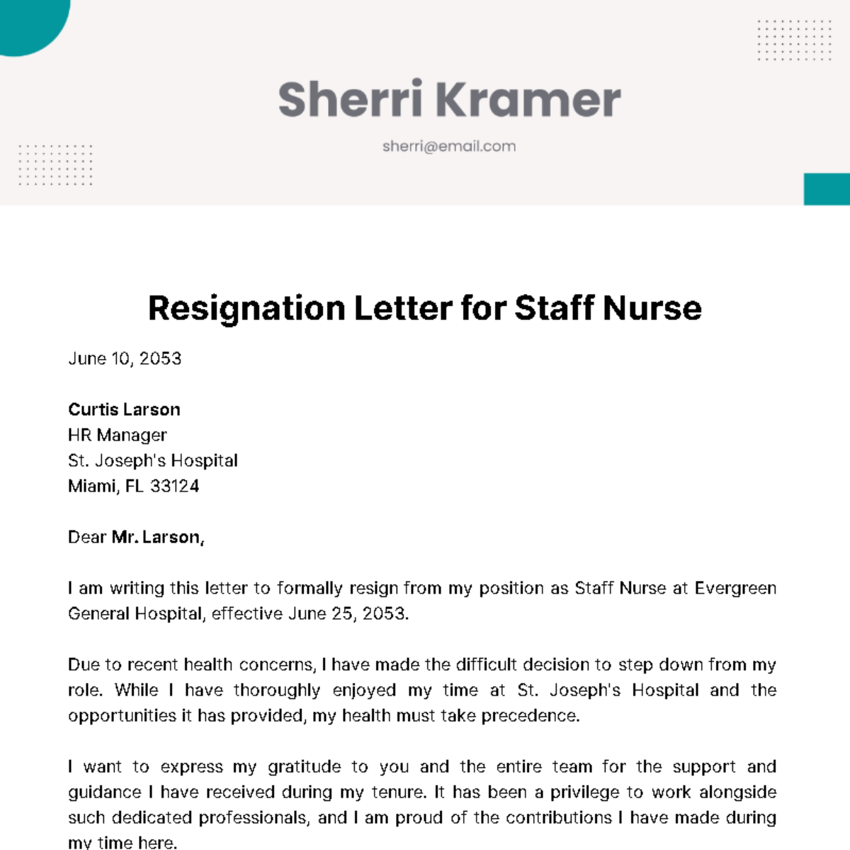 Resignation Letter for Staff Nurse Template