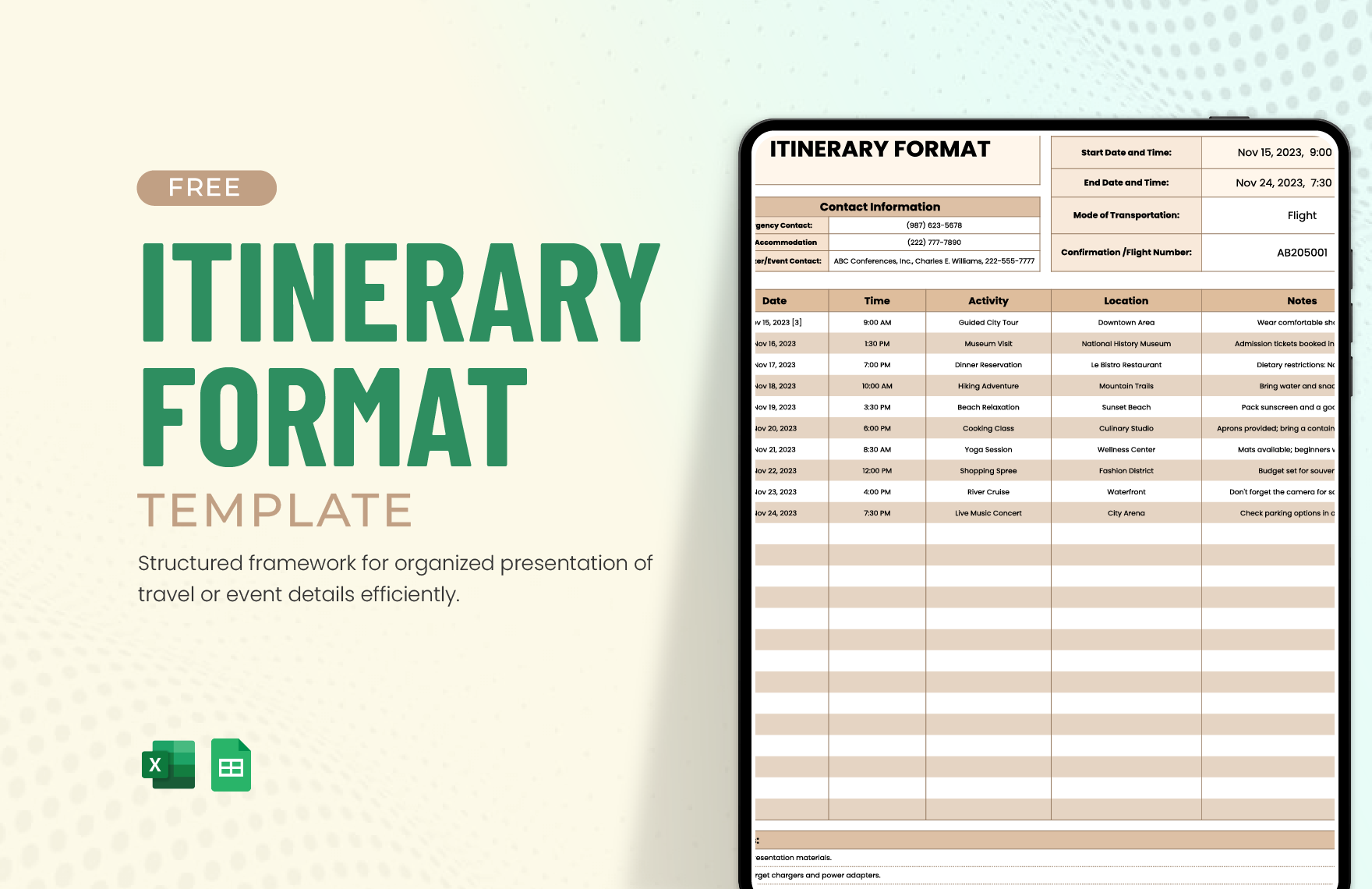 Itinerary Format Template