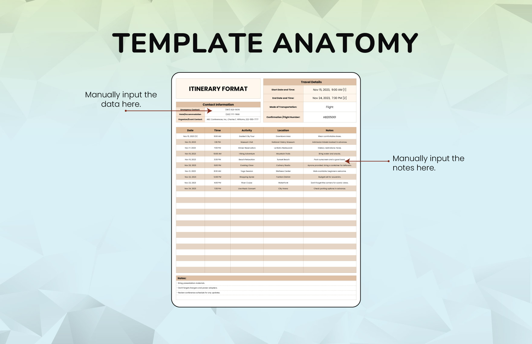 Itinerary Format Template