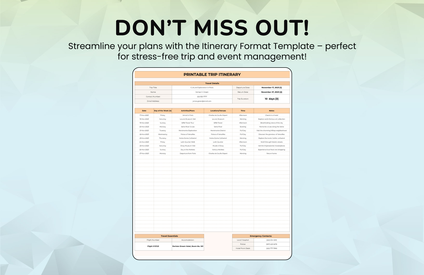 Itinerary Format Template