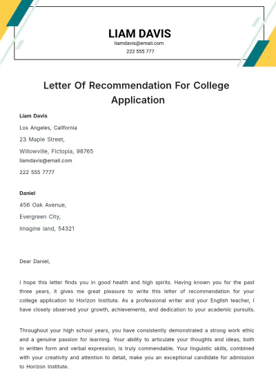 Free Letter Of recommendation For College Application Template to Edit Online