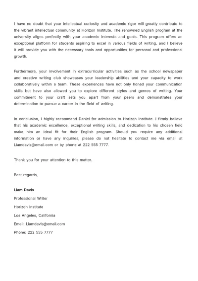 Free Letter Of recommendation For College Application Template to Edit Online