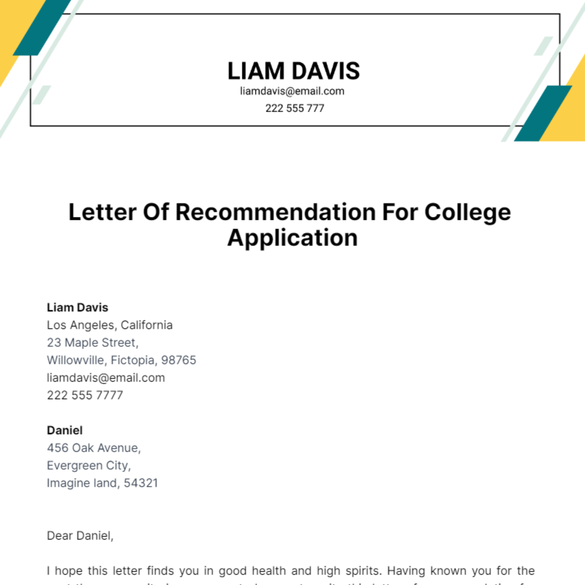 Letter Of recommendation For College Application Template